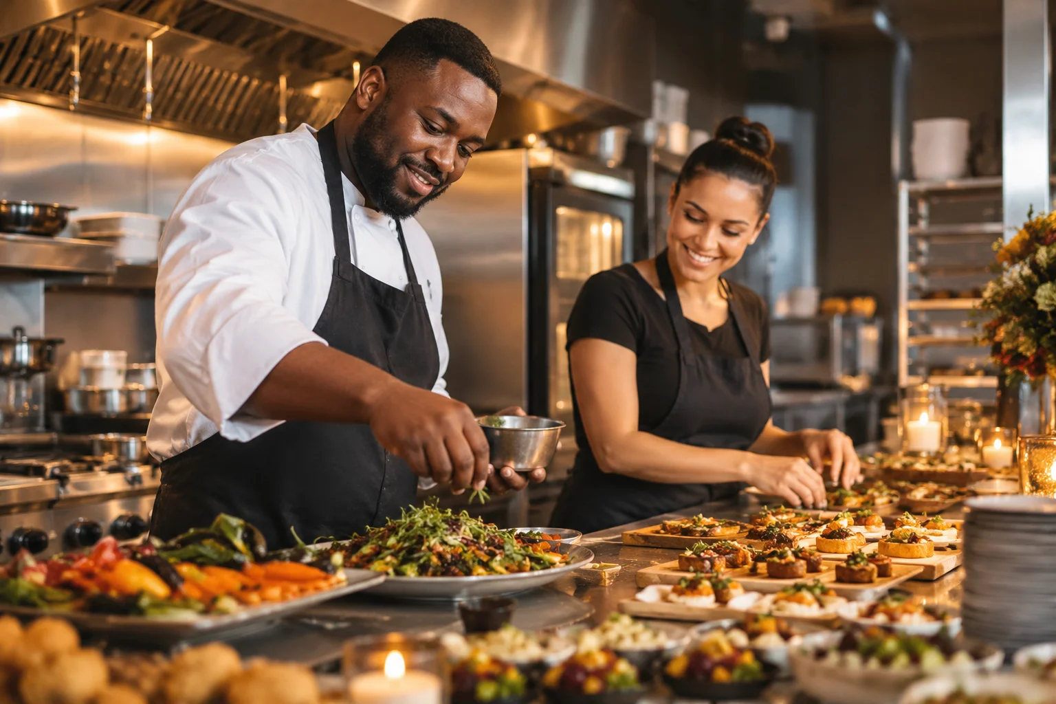 Catering professionals preparing an event spread