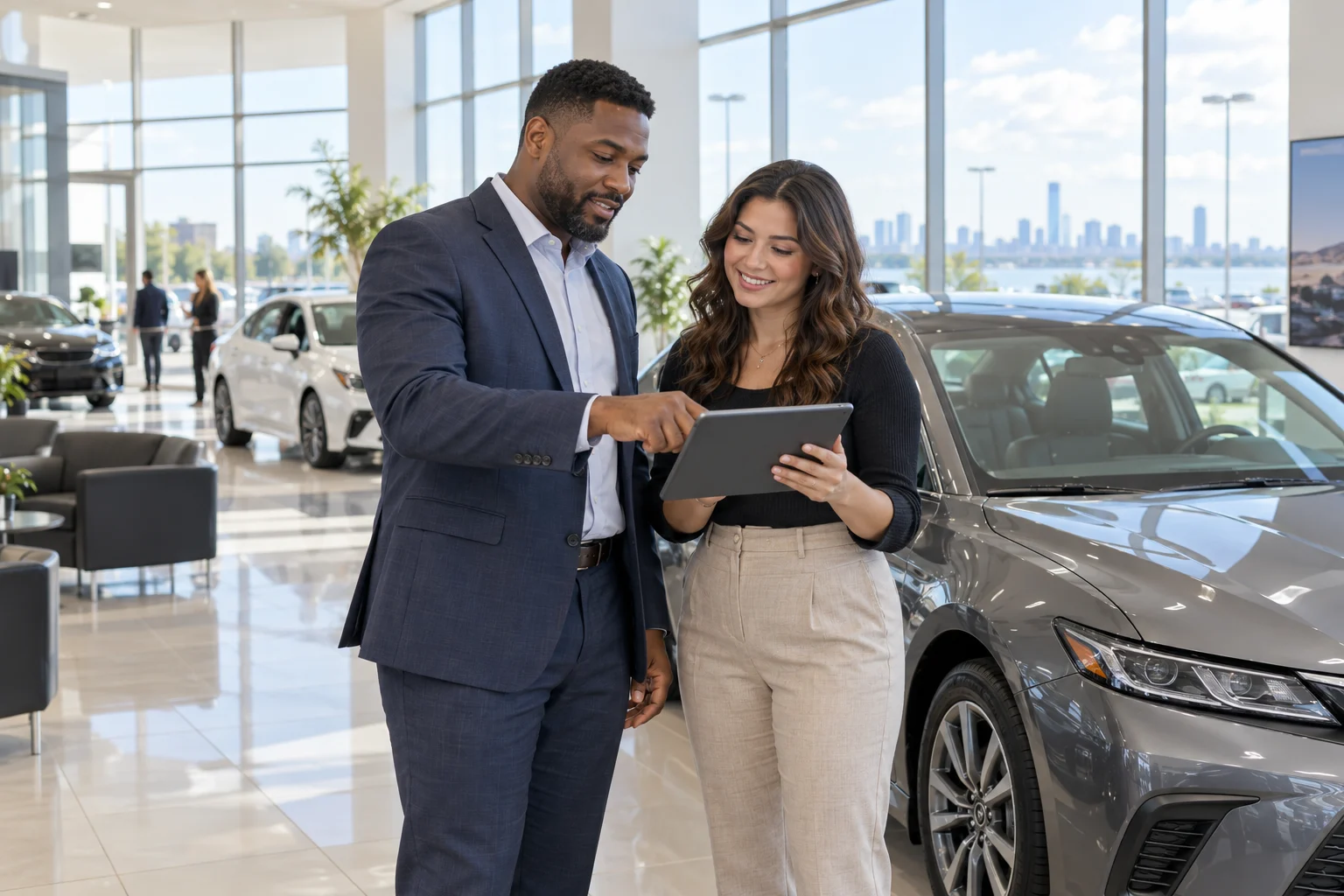 A dealership team reviewing content on a tablet beside showroom vehicles