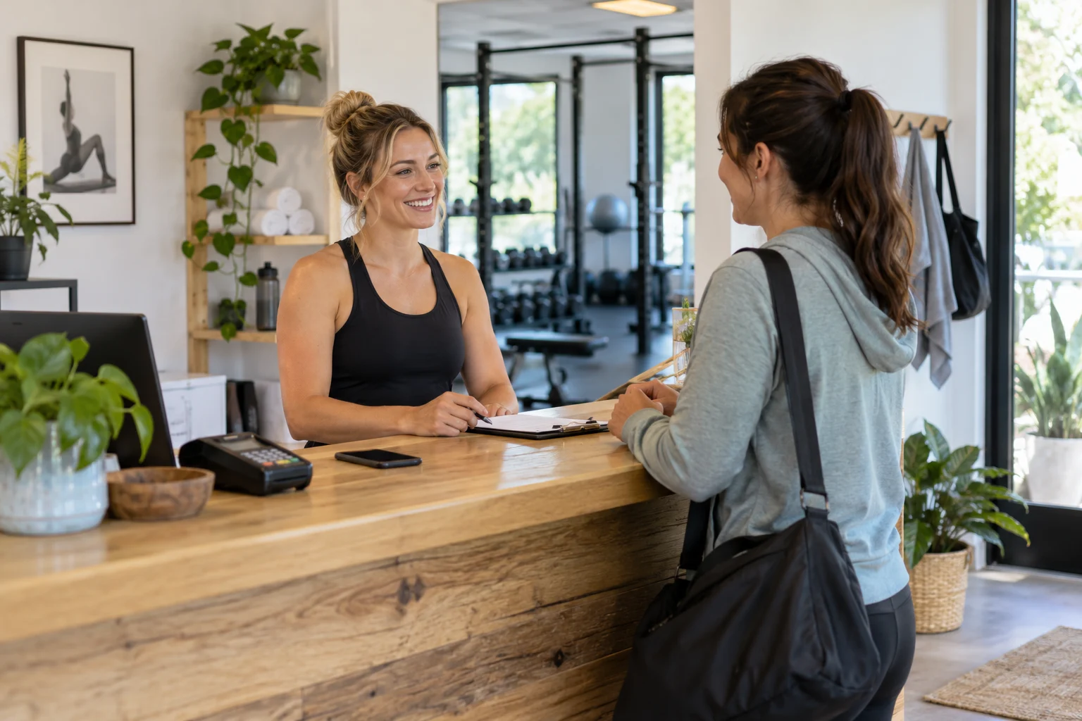 A fitness business owner welcoming a client at a studio reception