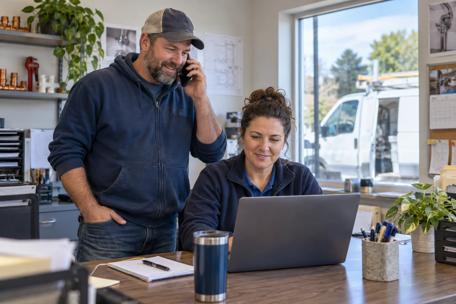 A plumbing professional on a phone call beside a dispatcher using a laptop